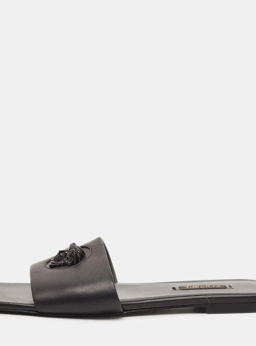 Versace Medusa Size 37 Black Leather Logo Flat Slide