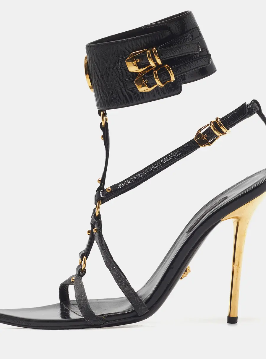 Versace Medusa Size 37 Black Leather Ankle Strap Sandals
