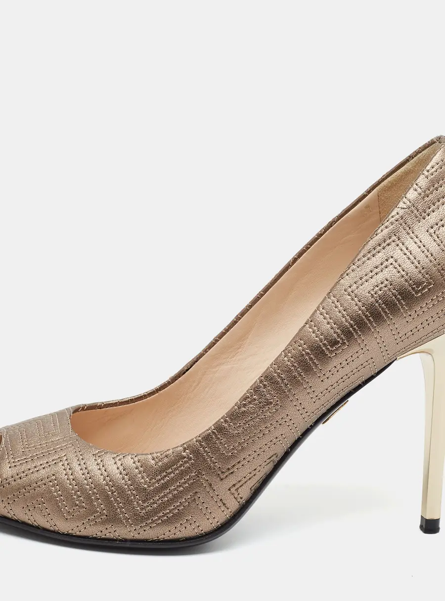 Versace Size 37 Gold Leather Peep Toe Pumps