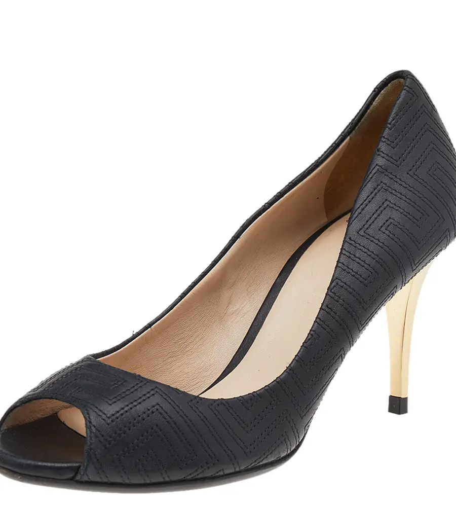 Versace Black Quilted Leather Peep Toe Pumps Size 38