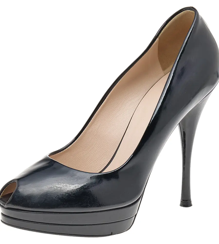 Versace Black Patent Leather Peep Toe Platform Pumps Size 38