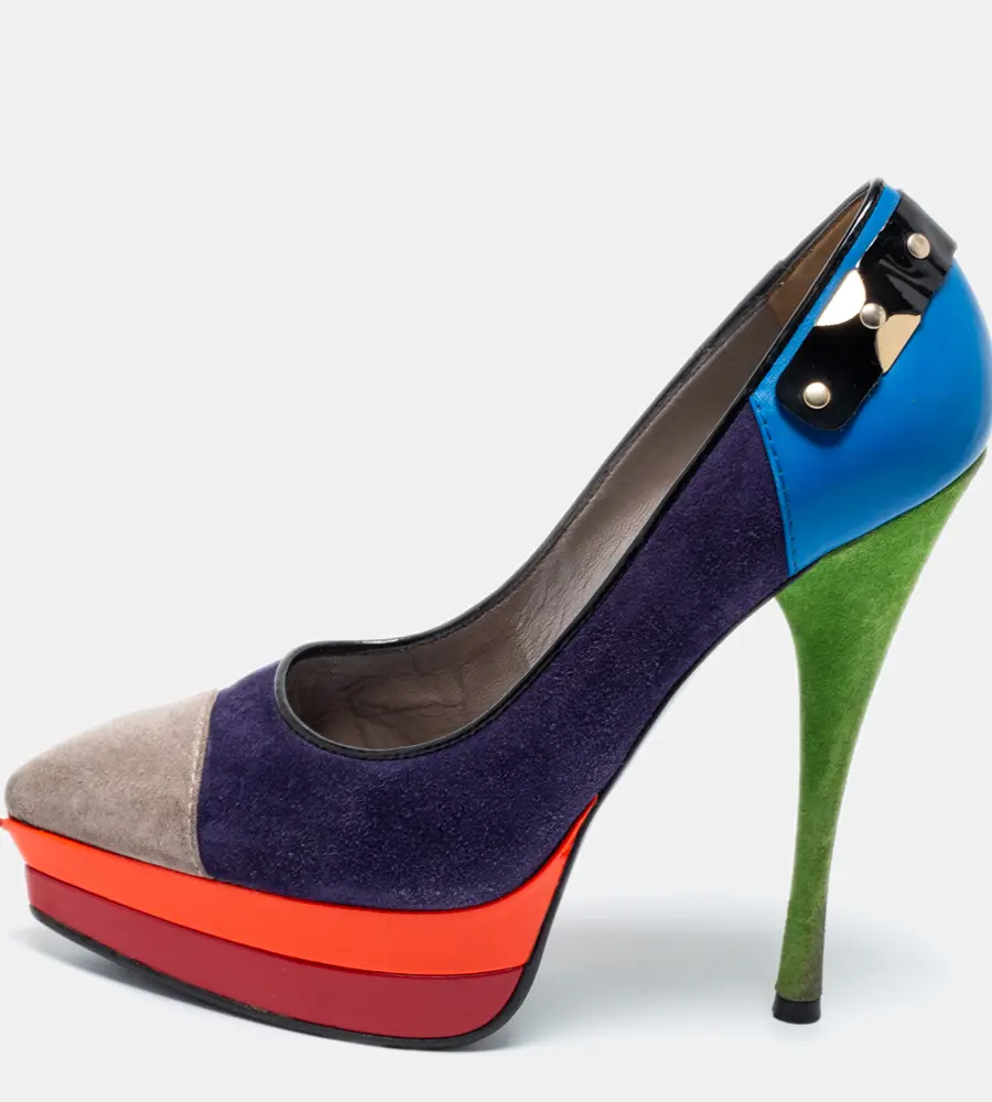 Versace Multicolor Suede And Leather Pointed Toe Platform Pumps Size 36
