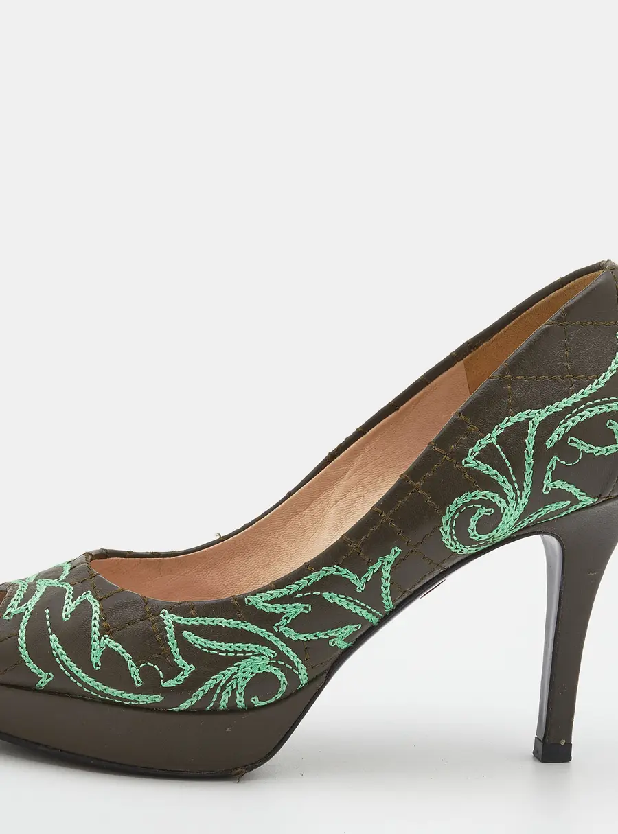 Versace Olive Brown Embroidered Leather Peep Toe Platform Pumps Size 36