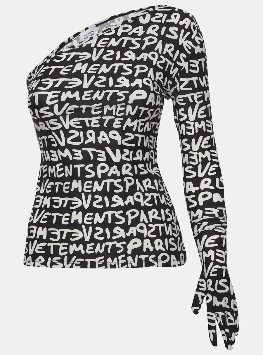 Vetements Monochrome All Over Logo Print Jersey One Shoulder Top S