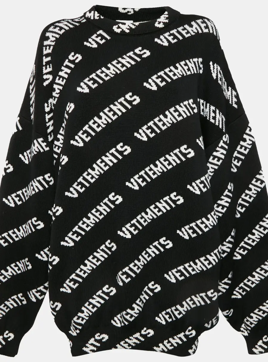 Vetements Black/White Logo Jacquard Rib Knit Sweater L