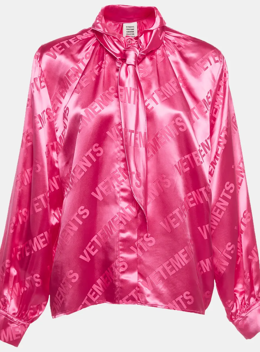 Vetements Pink Logo Jacquard Satin Neck-Tie Blouse M