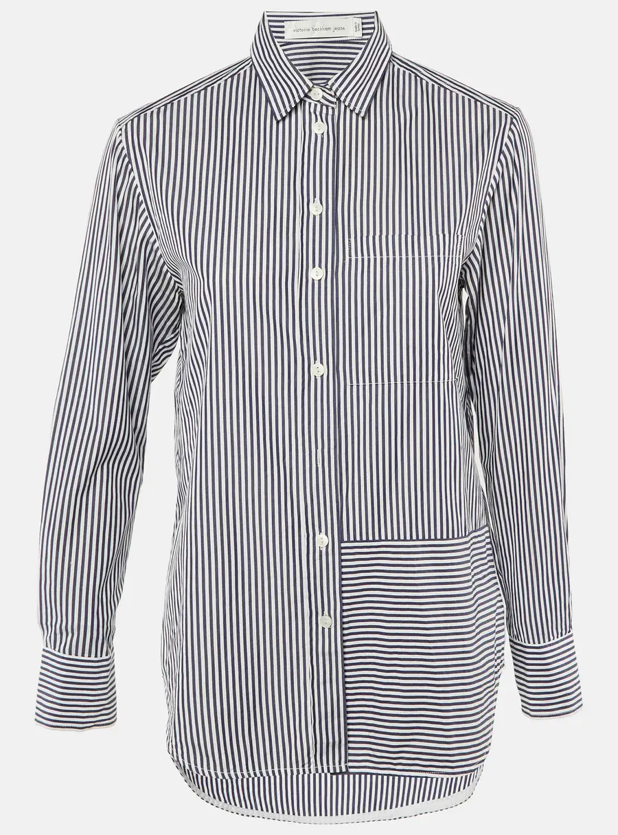 Victoria Beckham Jeans Navy Blue Striped Cotton Button Front Shirt S