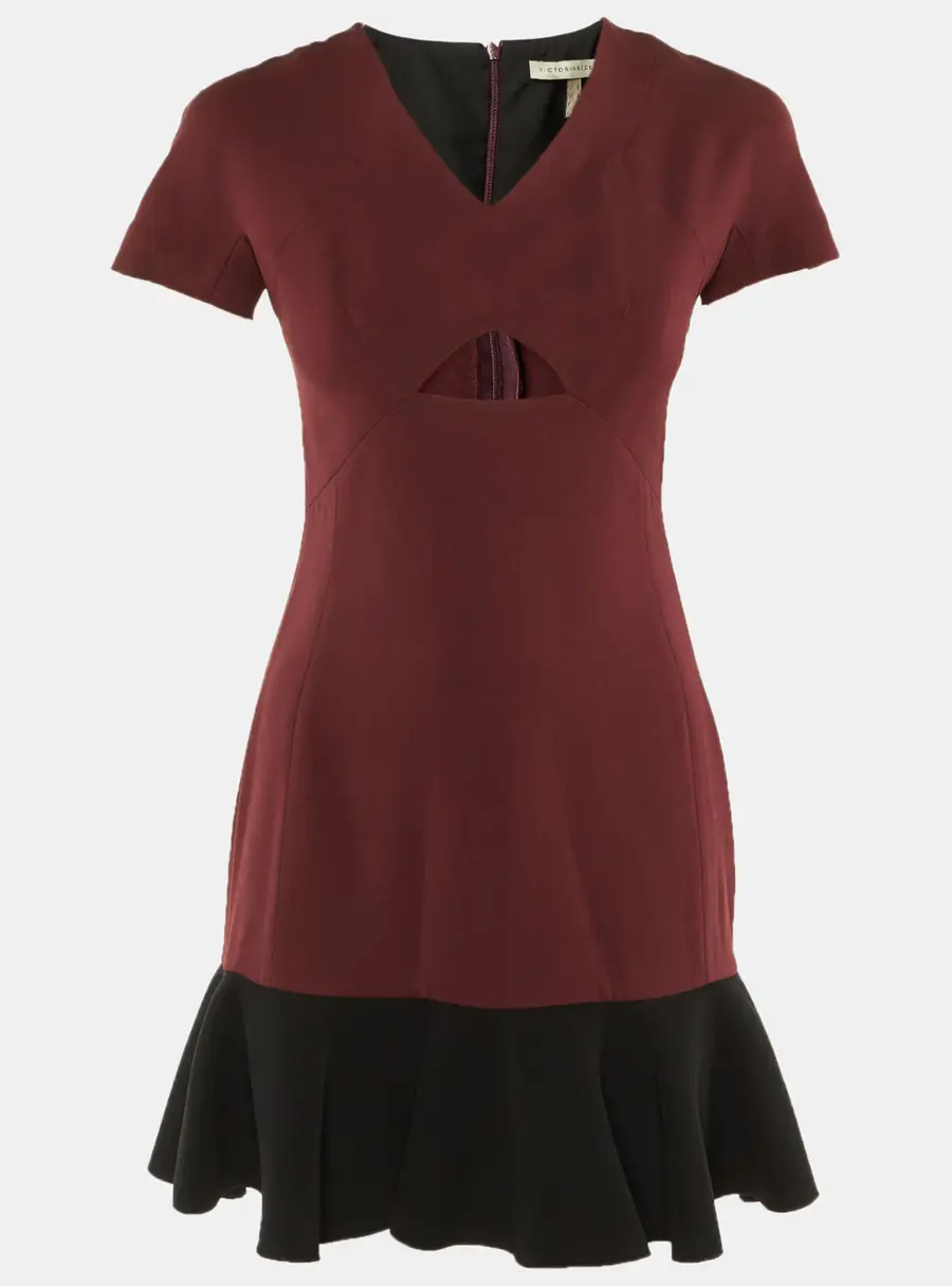 Victoria Beckham Burgundy/Black Silk & Wool Flounced Hem Mini Dress S