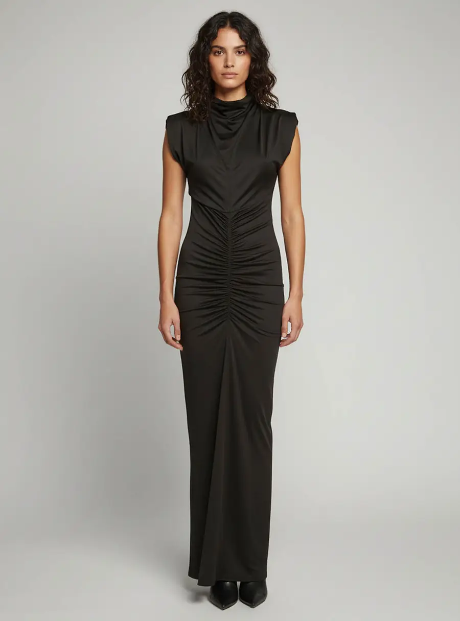 Victoria Beckham Black Jersey Ruched High-Neck Maxi Dress S