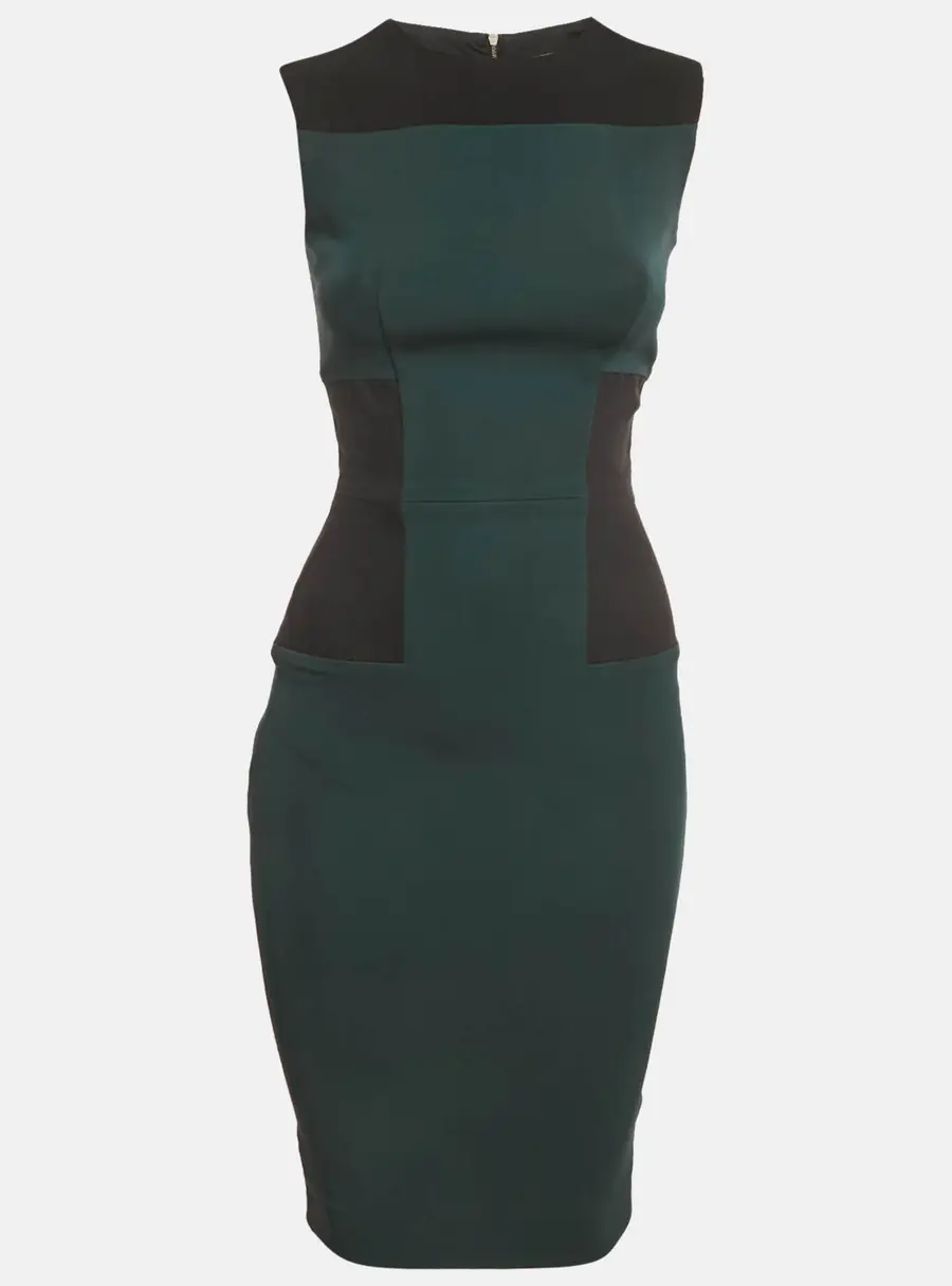 Victoria Beckham Green/Black Crepe Side Panel Sheath Midi Dress S
