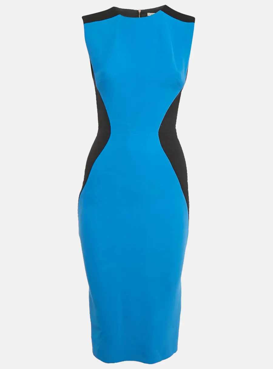 Victoria Beckham Blue Silk & Wool Contrast Detail Midi Dress M