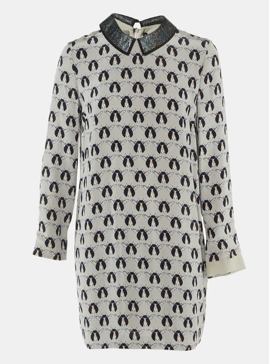 Victoria Beckham Grey Printed Shimmer Detachable Collar Silk Dress M