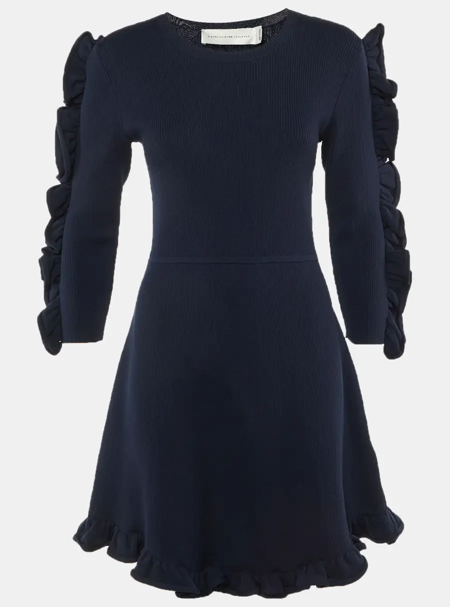 Victoria Beckham Navy Blue Jersey Knit Frill Detail Mini Dress M