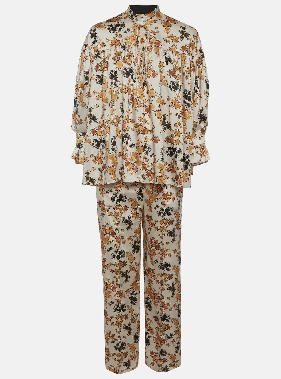 Victoria Victoria Beckham Off-White Floral Print Satin Ruffled Top and Pants Set S