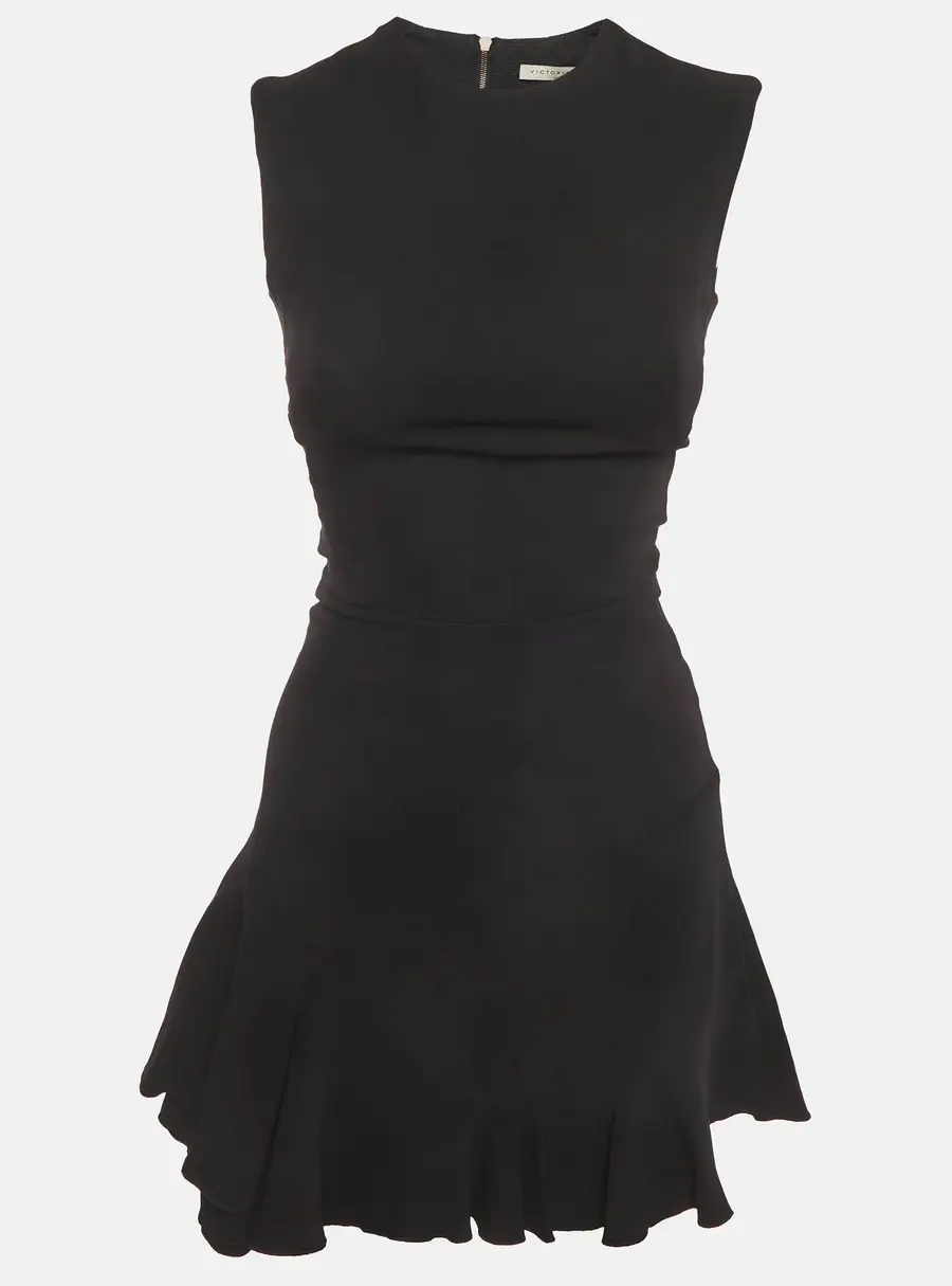 Victoria Beckham Black Silk and Wool Blend Ruffled Mini Dress S