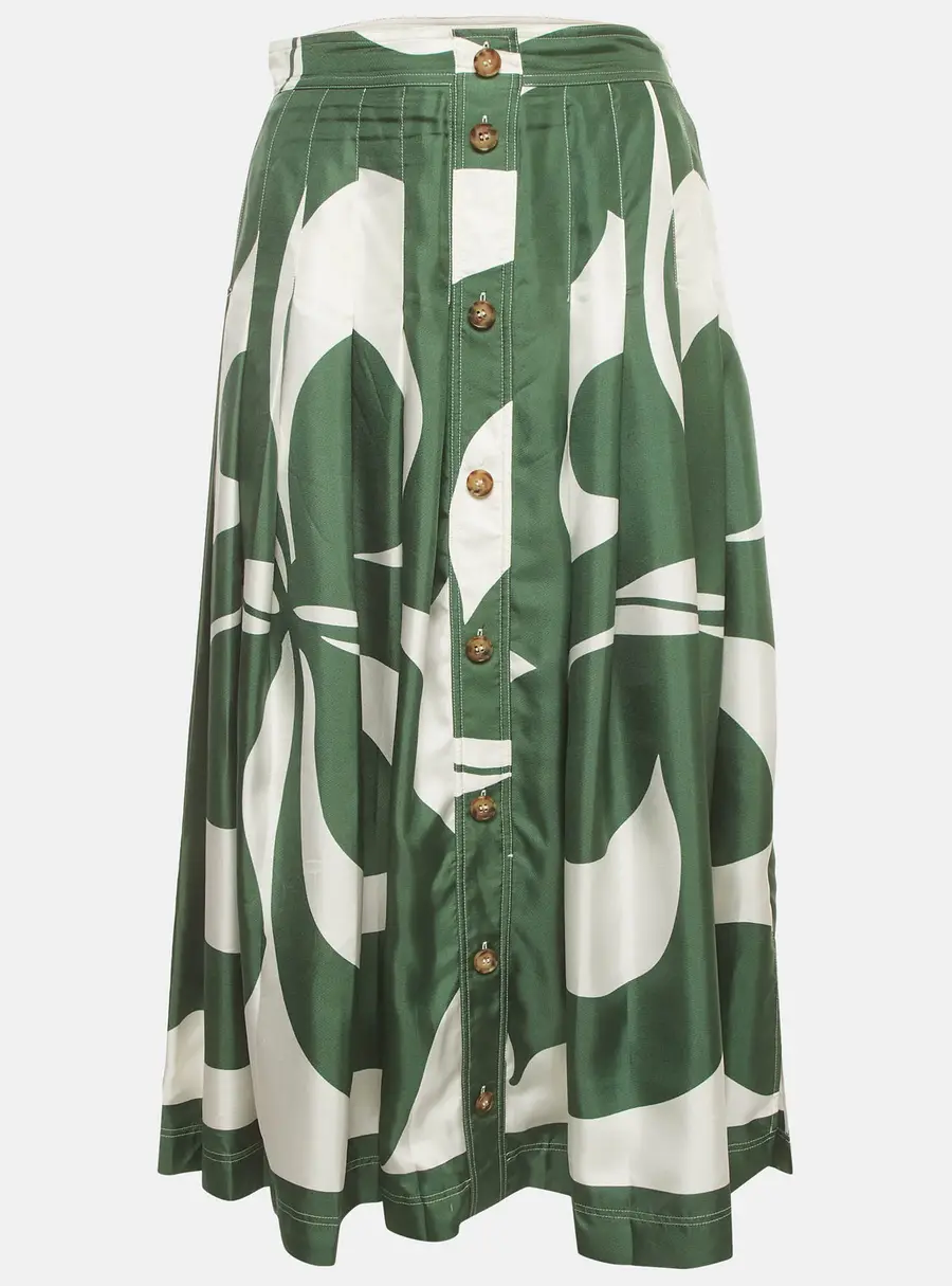 Victoria Beckham Green/White Abstract Print Silk Pleated Midi Skirt S