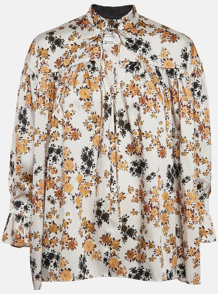 Victoria Victoria Beckham Off-White Floral Print Satin Ruffled Top S