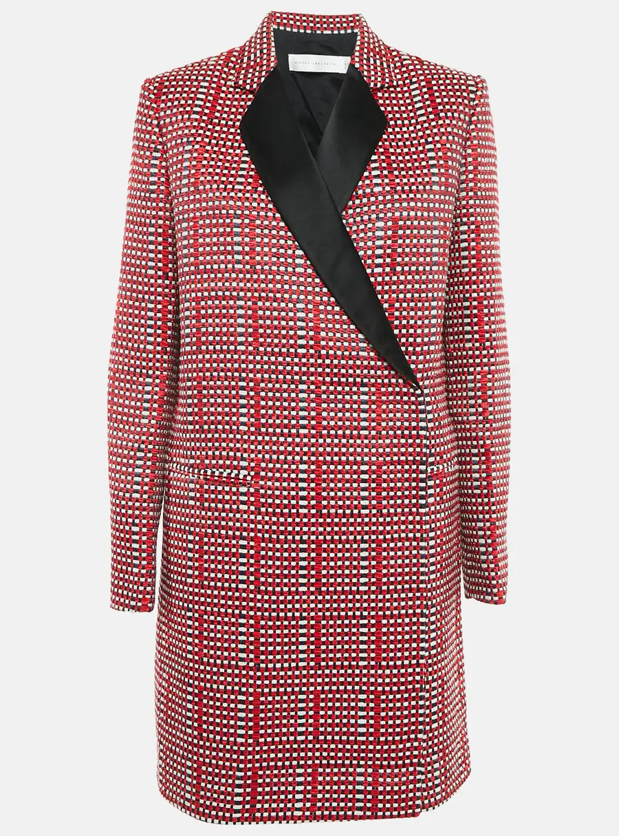 Victoria Beckham Red/Multicolor Basket Weave Linen Blend Coat M