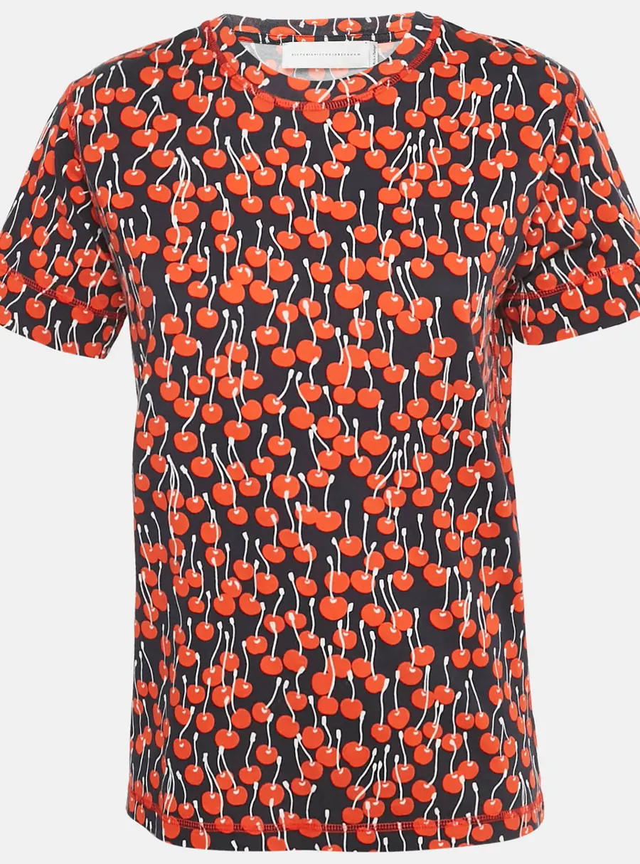 Victoria Victoria Beckham Midnight Blue Cherry Print Cotton T-Shirt M