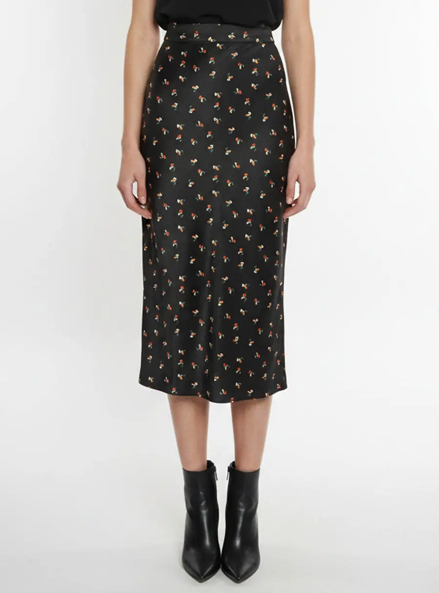 VVB Victoria Beckham Black Floral Print Textured Satin Midi Skirt S