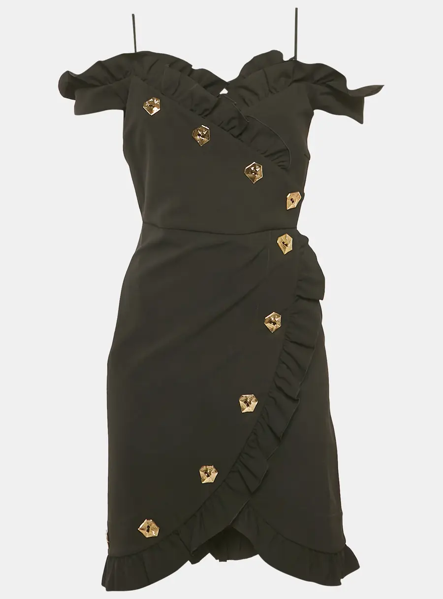 Violante Nessi Black Crepe Ruffled Wrap Style Mini Dress S