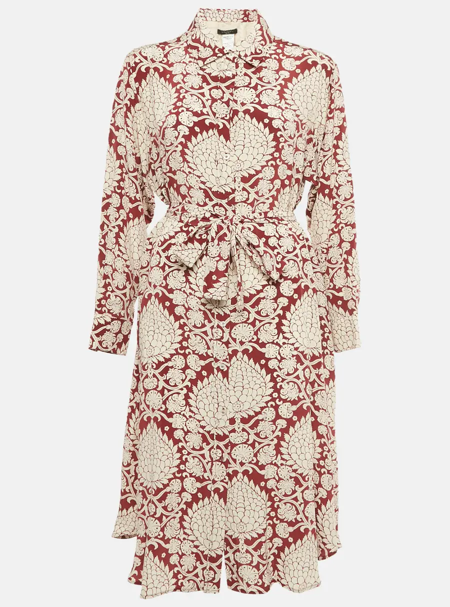 Weekend Max Mara Burgundy Printed Silk Belted Midi Dress L