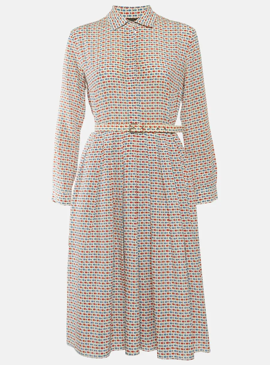 Weekend Max Mara White Fish Print Chiffon Belted Midi Dress