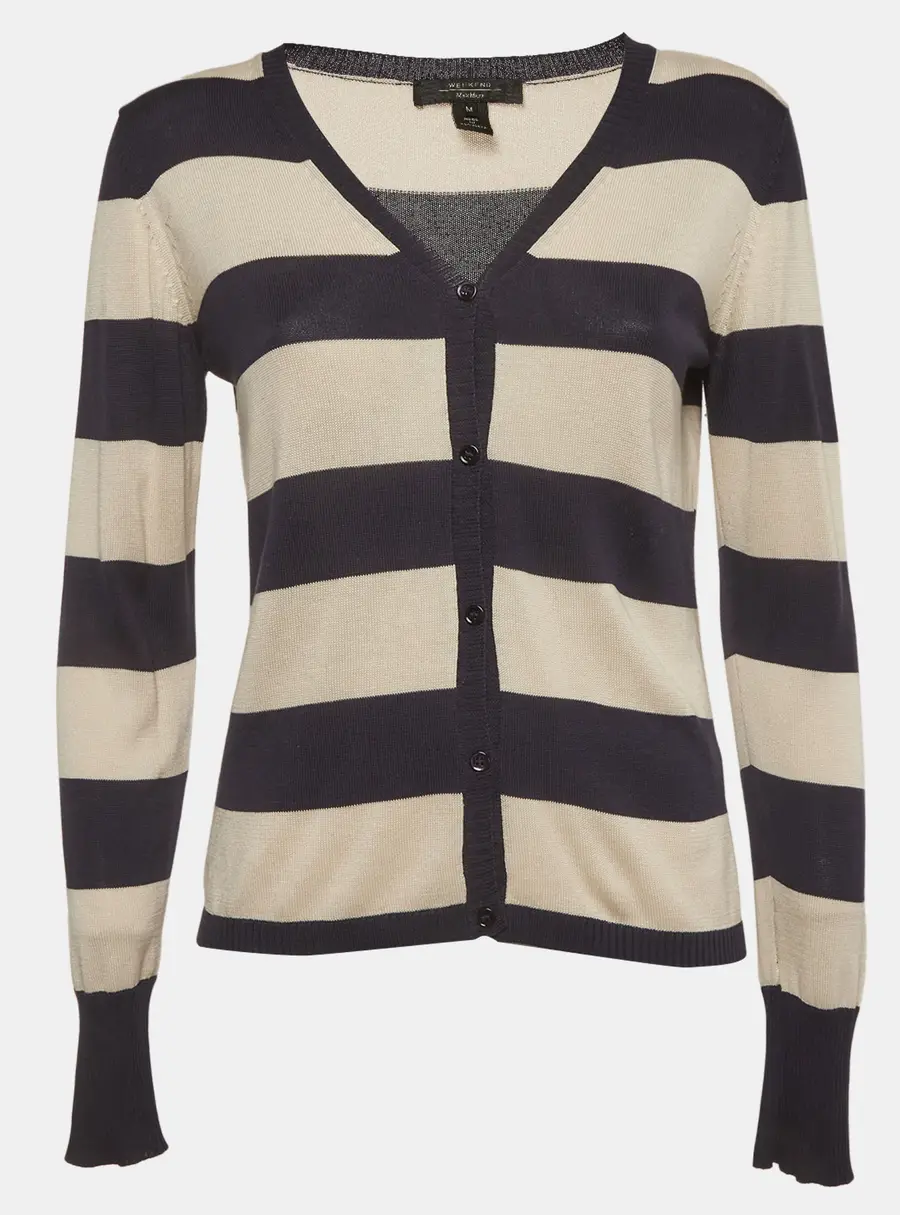 Weekend Max Mara Navy Blue/Cream Stripe Knitted V-Neck Cardigan M