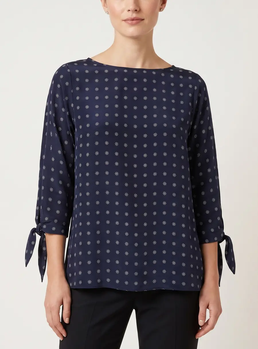 Weekend Max Mara Navy Blue Motif Print Crepe Silk Blouse L