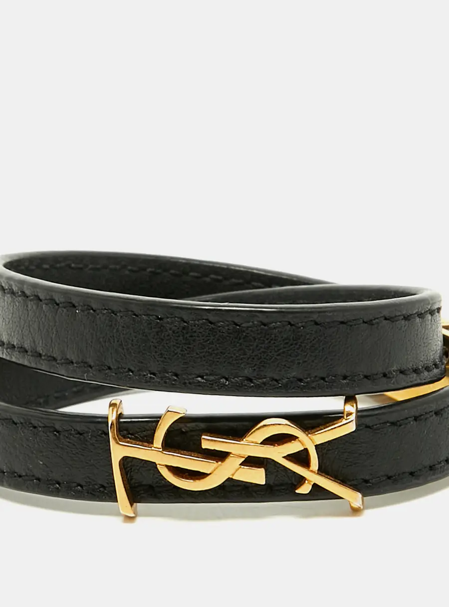 Saint Laurent Opyum Leather Gold Tone Metal Wrap Bracelet