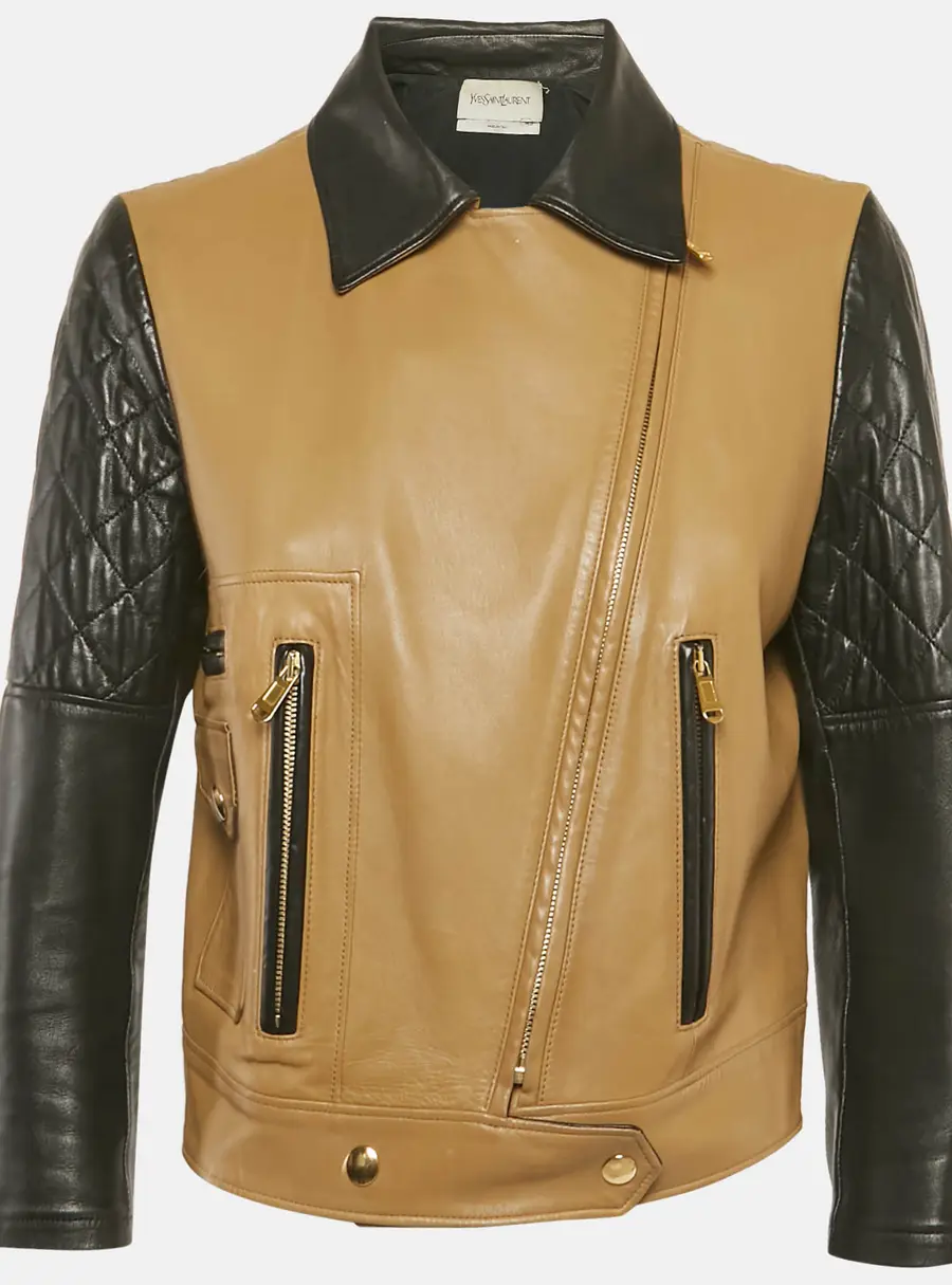 Yves Saint Laurent Brown/Black Leather Zip-Up Jacket L