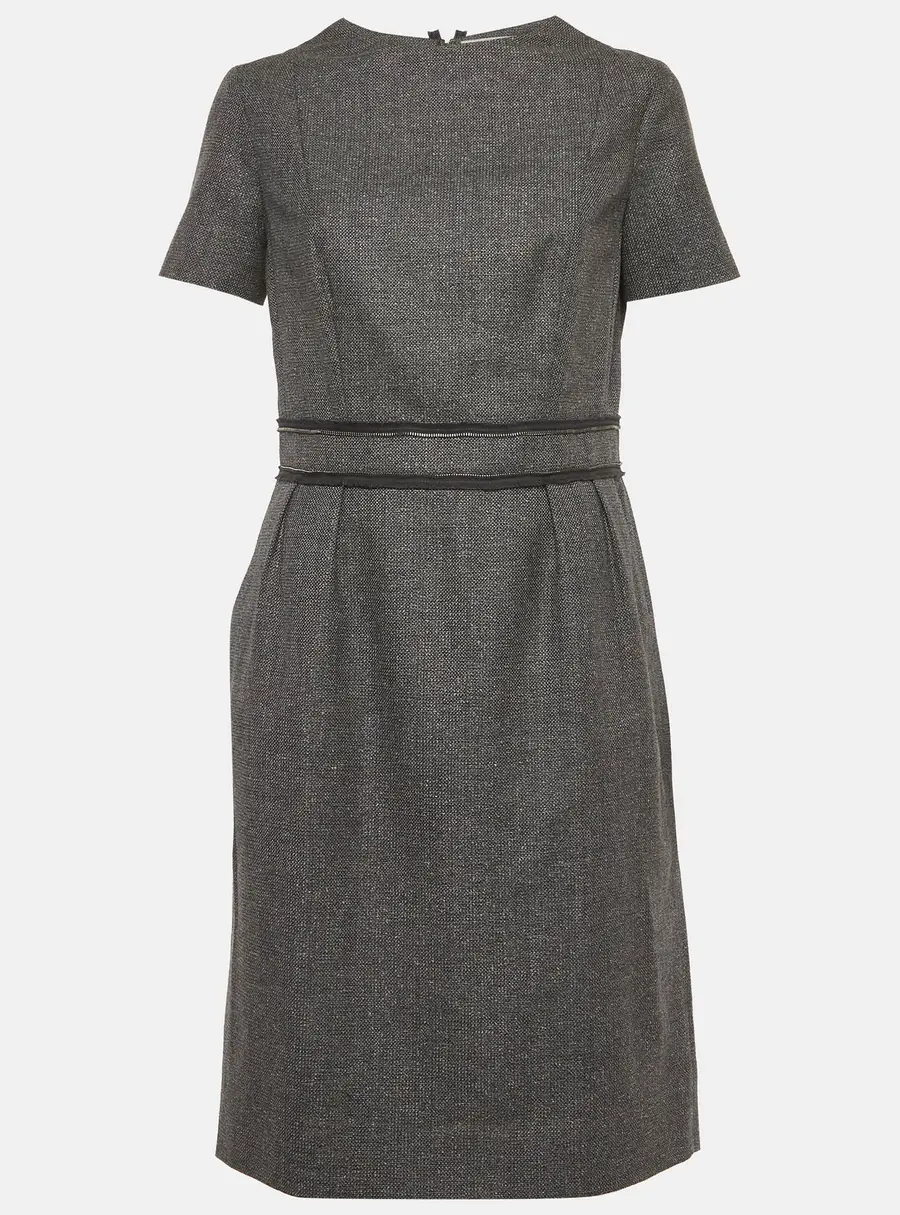 Yves Saint Laurent Grey Wool Blend Zip Detail Knee-Length Dress L