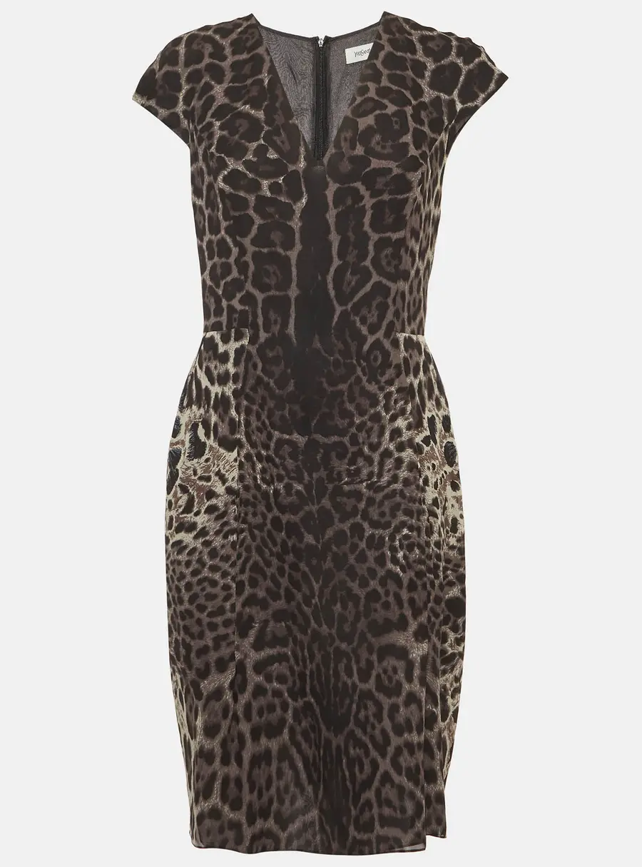 Yves Saint Laurent Grey Animal Print Silk Short Dress M