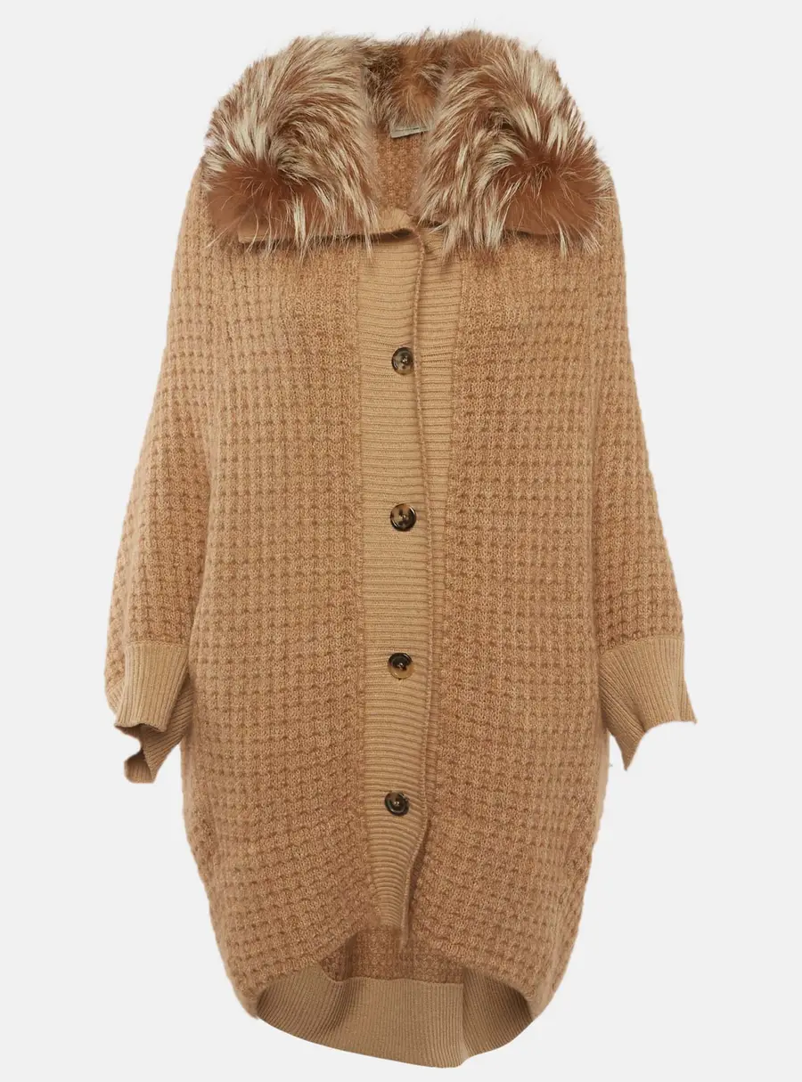 Yves Saint Laurent Brown Fur Trim Cotton Knit Cardigan XS
