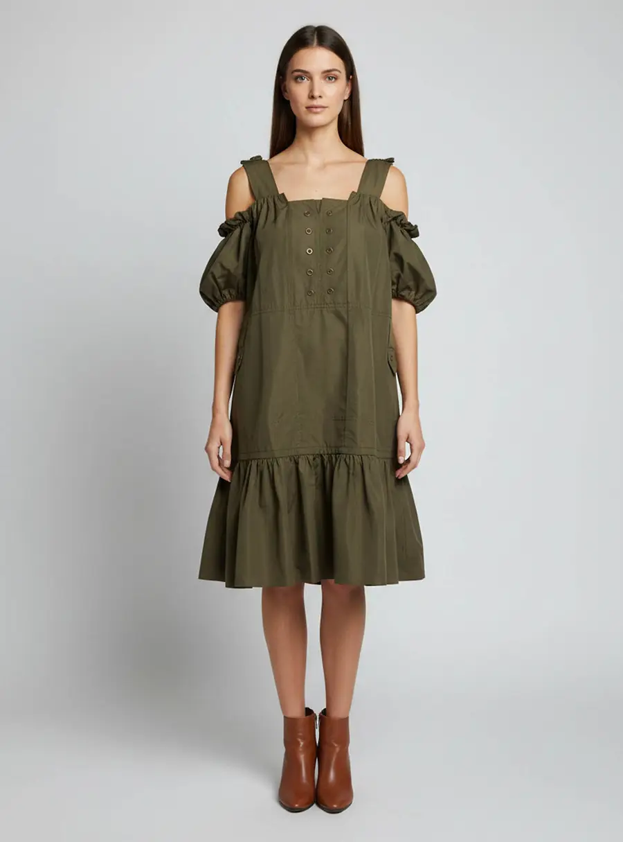 Yves Saint Laurent Olive Green Cotton Blend Off Shoulder Safari Dress L