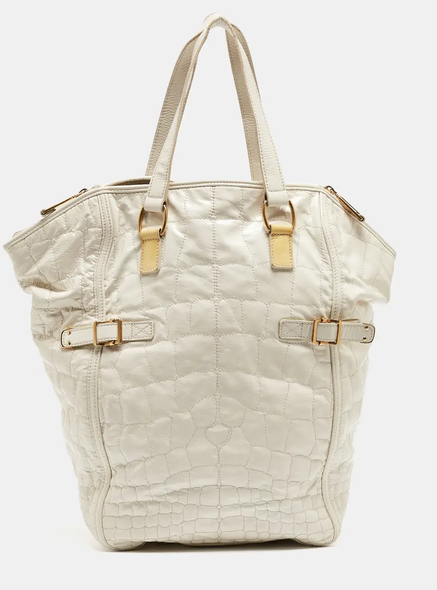 Yves Saint Laurent Off White Croc Embossed Patent Leather Large Downtown Tote