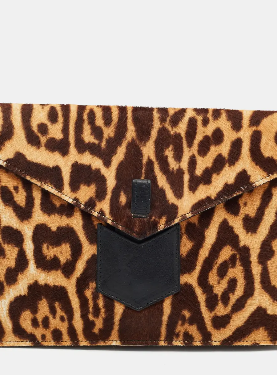 Yves Saint Laurent Brown Leopard Print Calf Hair Envelope Clutch