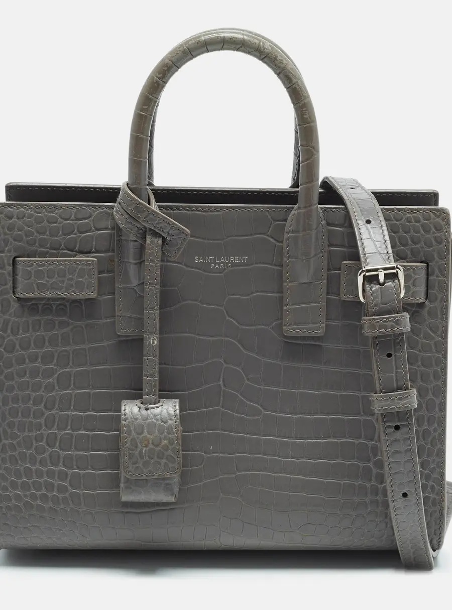 Saint Laurent Classic Sac De Jour Nano Grey Croc Embossed Leather Tote