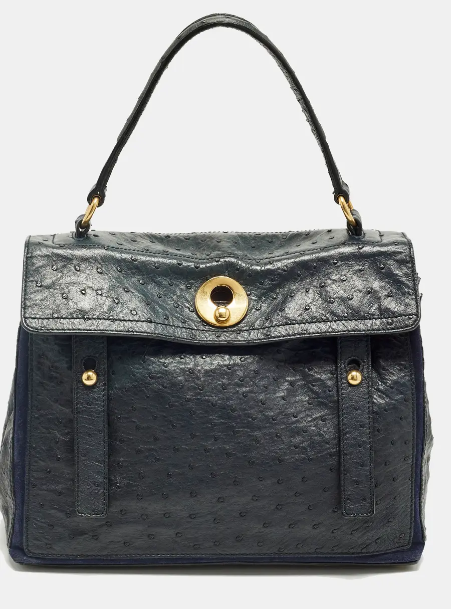 Yves Saint Laurent Muse Two Navy Blue Ostrich Leather and Suede Top Handle Bag