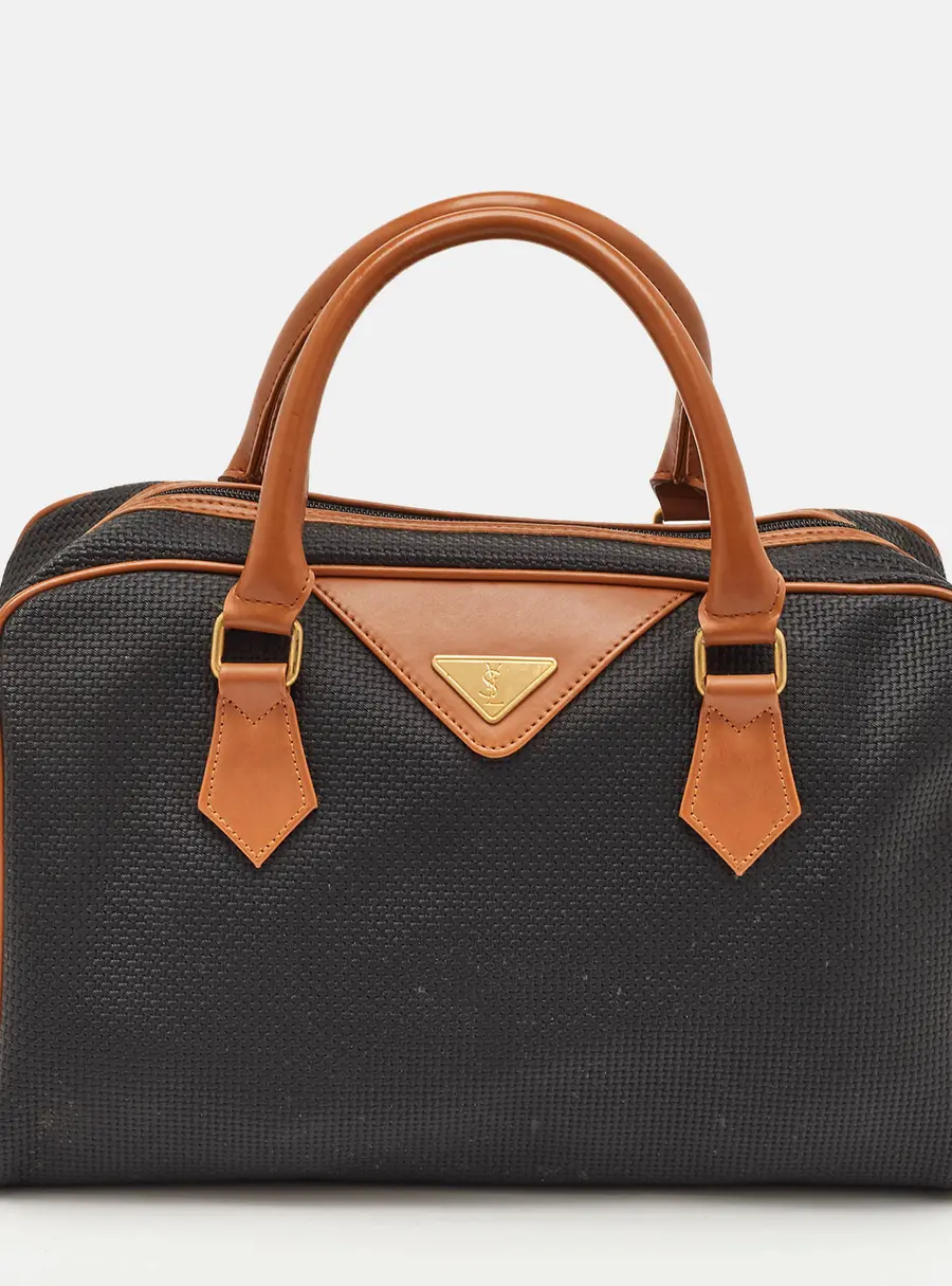 Yves Saint Laurent Vintage Black/Brown Coated Canvas and Leather Satchel