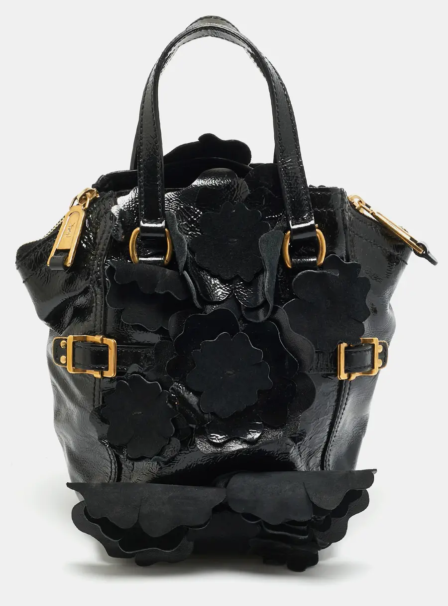 Yves Saint Laurent Downtown Floral Applique Mini Black Patent Leather Tote