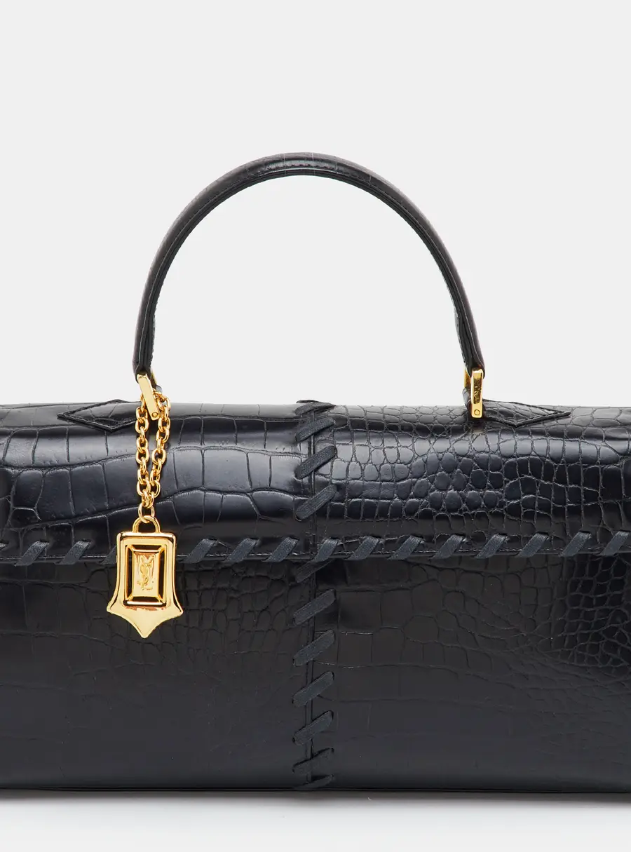Yves Saint Laurent Stitch Flap Black Croc Embossed Leather Top Handle Bag
