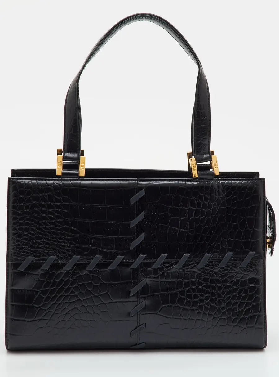Yves Saint Laurent Vintage Black Croc Embossed Leather Tote