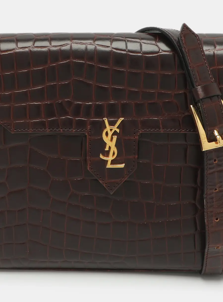 Yves Saint Laurent Vintage Burgundy Croc Embossed Leather Shoulder Bag