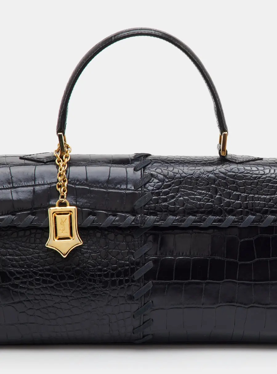 Yves Saint Laurent Vintage Black Croc Embossed Leather Whipstitch Flap Top Handle Bag