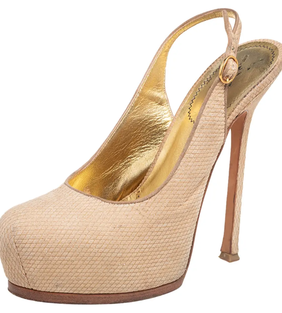 Yves Saint Laurent Cream Snakeskin Embossed Suede Tribtoo Slingback Pumps Size 39