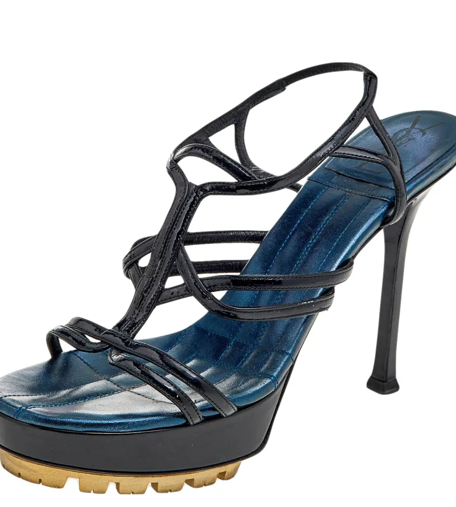 Yves Saint Laurent Black Patent Leather Strappy Platform Sandals Size 36.5