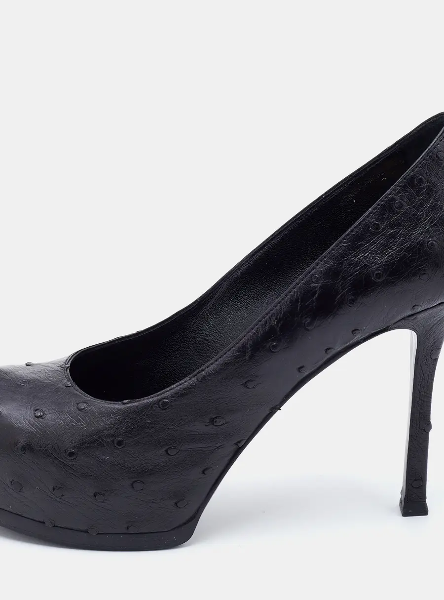 Yves Saint Laurent Black Ostrich Leather Tribtoo Platform Pumps Size 37.5