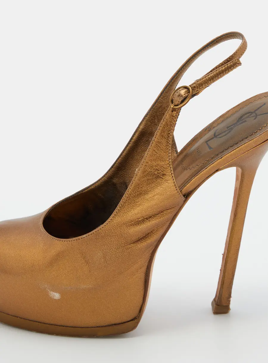 Yves Saint Laurent Metallic Brown Leather Tribtoo Slingback Platform Pumps Size 39