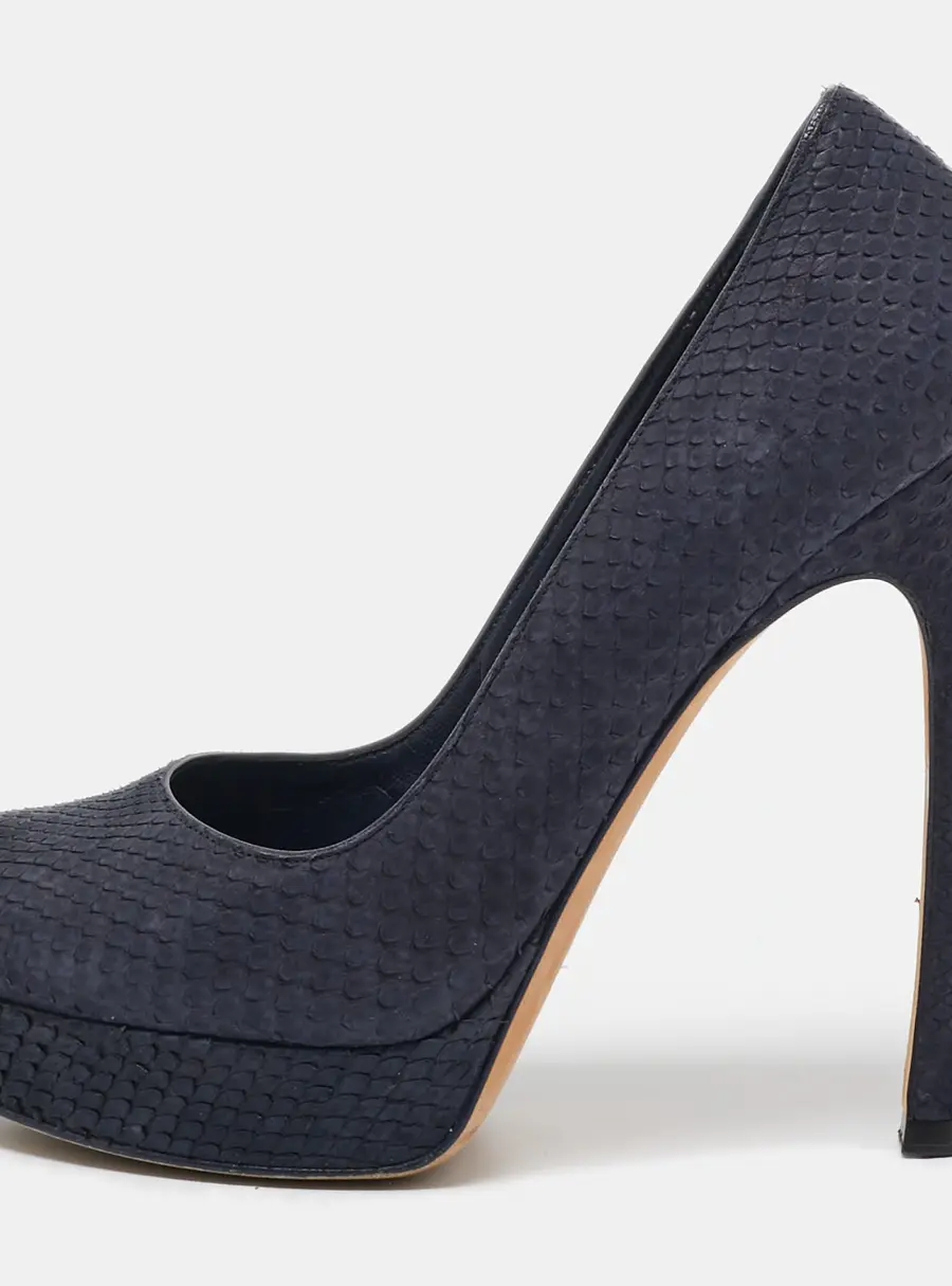 Yves Saint Laurent Size 37.5 Navy Blue Python Leather Platform Pumps